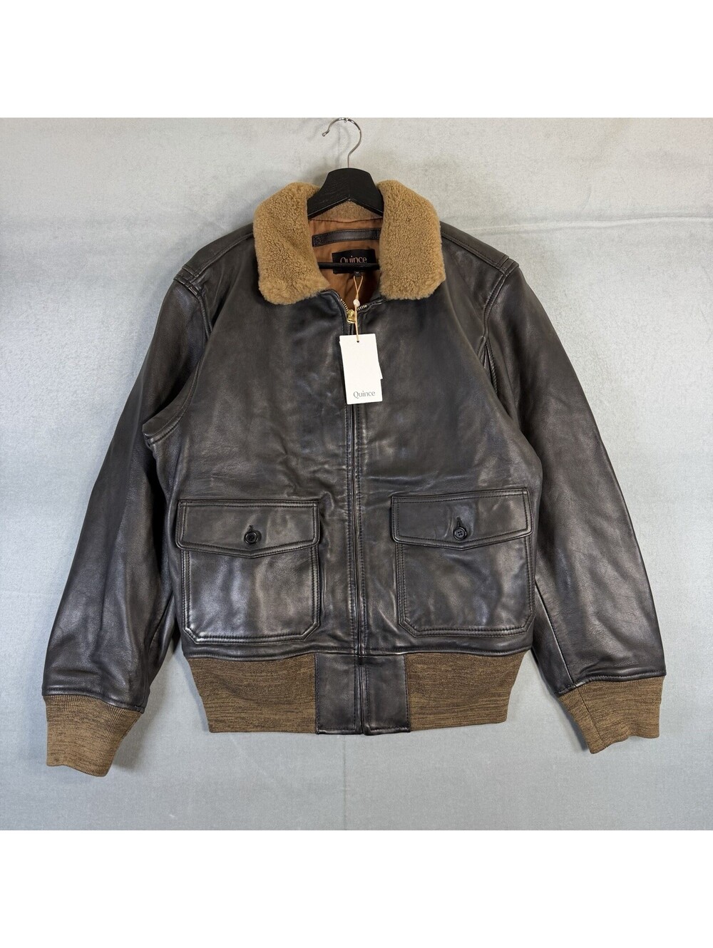 Quince Shearling Collar Leather Flight Jacket Men's Medium Brown $250 MSRP NWT